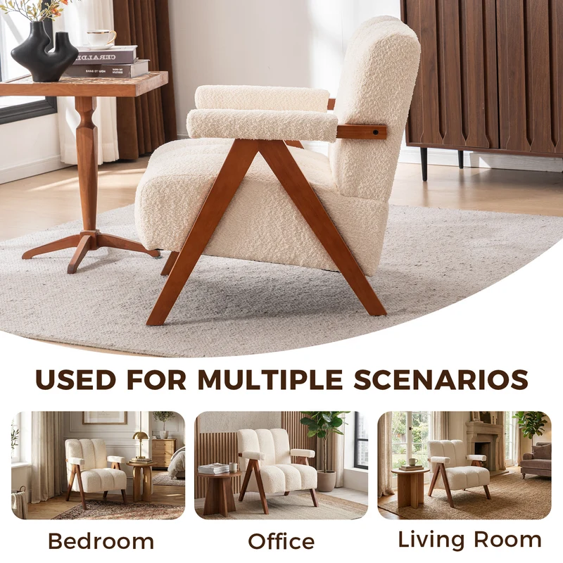 Fauteuil rétro en tissu bouclé beige avec pieds en chêne massif ITALIAN TABLE