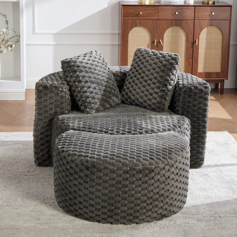 Fauteuil géant gris foncé en fausse fourrure avec pouf assorti en demi-lune FLOATING IRON MAX