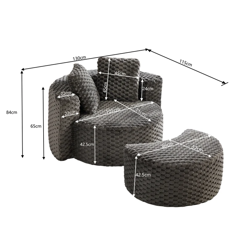 Fauteuil géant gris foncé en fausse fourrure avec pouf assorti en demi-lune FLOATING IRON MAX