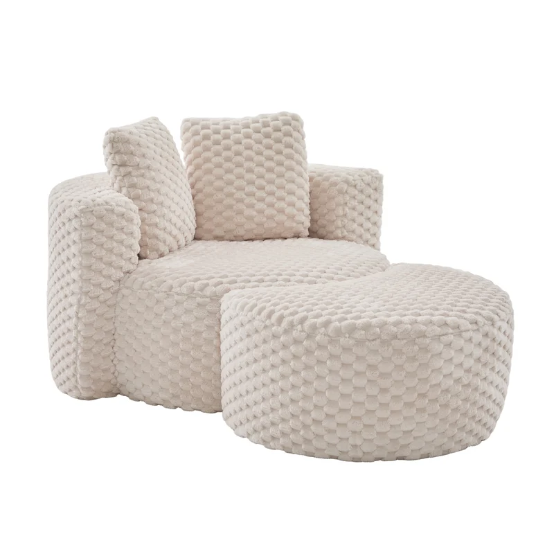 Fauteuil géant beige en fausse fourrure avec pouf assorti en demi-lune FLOATING GOLD PLUS