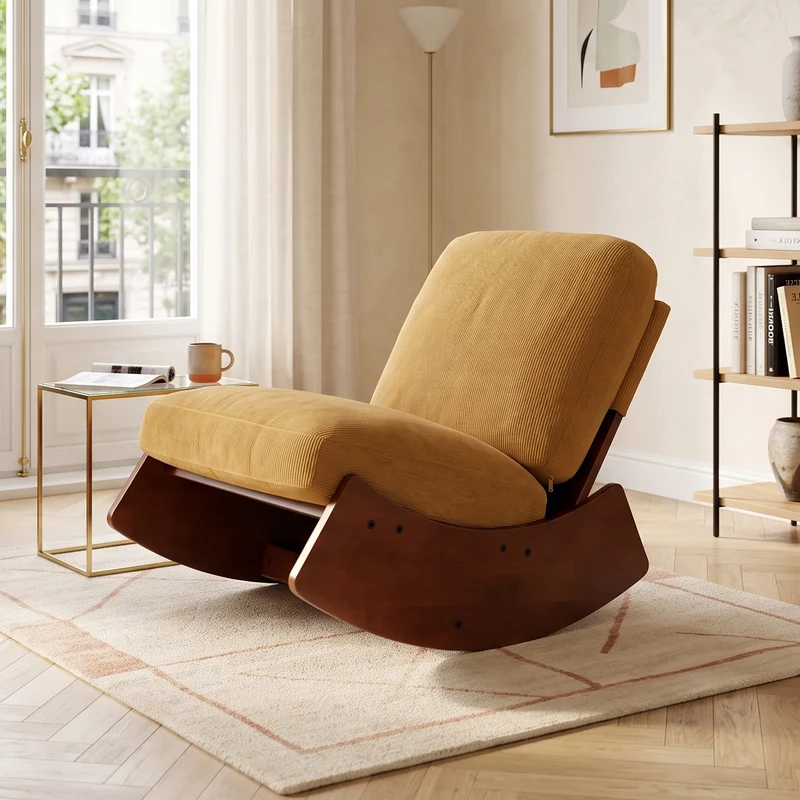 Fauteuil à bascule rétro en corduroy jaune, cadre en bois massif, nursery 90x61,5x71,9cm FLOATING CHERRY MAX