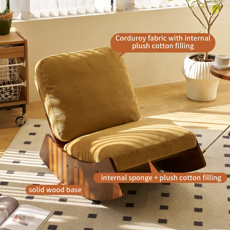 Fauteuil à bascule rétro en corduroy jaune, cadre en bois massif, nursery 90x61,5x71,9cm FLOATING CHERRY MAX
