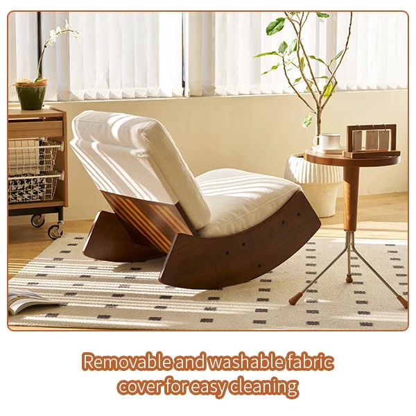 Fauteuil à bascule rétro en corduroy beige, cadre en bois massif, nursery 90x61,5x71,9cm FLOATING LEATHER MAX