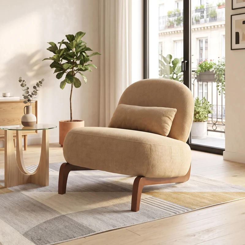 Fauteuil moderne camel revêtement en velours camel et pieds en bois massif FLEX STONE LINE