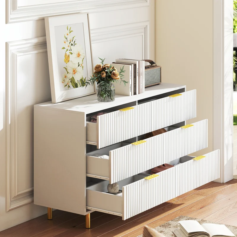 Buffet commode 6 tiroirs blanche accents dorés 120x40x72cm HALOICITY