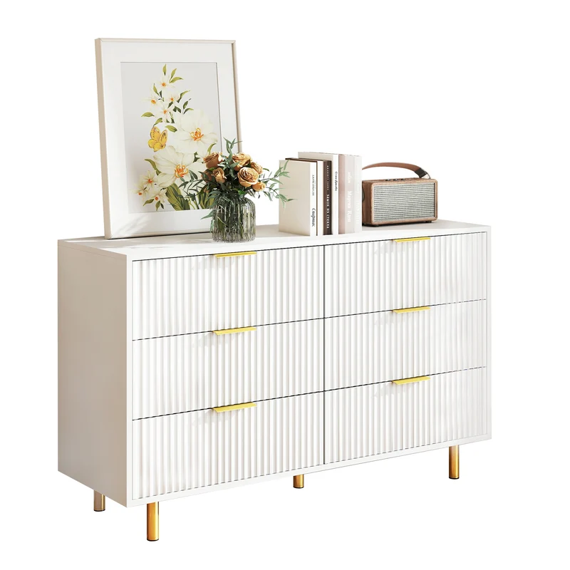 Buffet commode 6 tiroirs blanche accents dorés 120x40x72cm HALOICITY