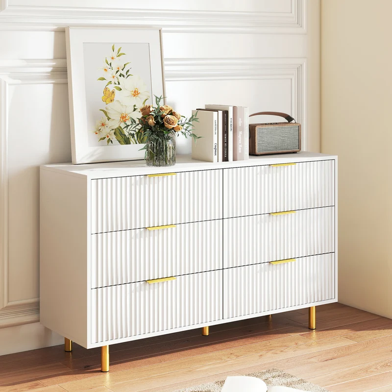 Buffet commode 6 tiroirs blanche accents dorés 120x40x72cm HALOICITY