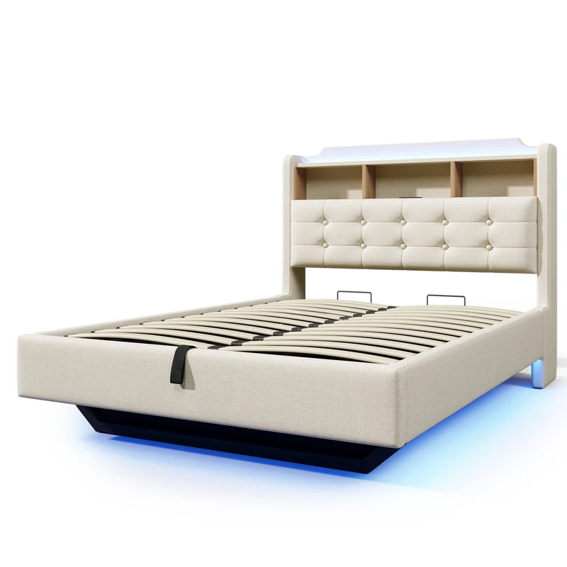 Lit coffre double capitonné en lin beige et éclairage LED avec ports USB 140*200cm CHROMECURTAIN