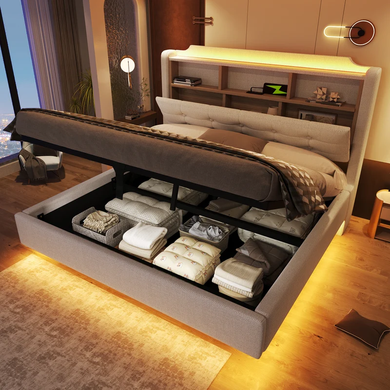 Lit coffre double capitonné en lin beige et éclairage LED avec ports USB 140*200cm CHROMECURTAIN