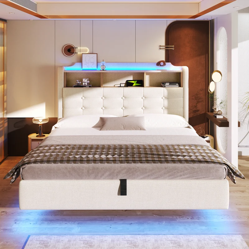 Lit coffre double capitonné en lin beige et éclairage LED avec ports USB 140*200cm CHROMECURTAIN