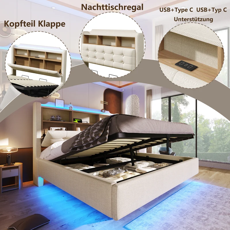Lit coffre double capitonné en lin beige et éclairage LED avec ports USB 140*200cm CHROMECURTAIN