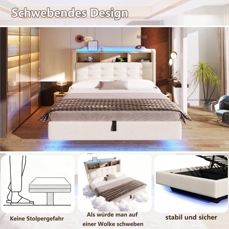 Lit coffre double capitonné en lin beige et éclairage LED avec ports USB 140*200cm CHROMECURTAIN