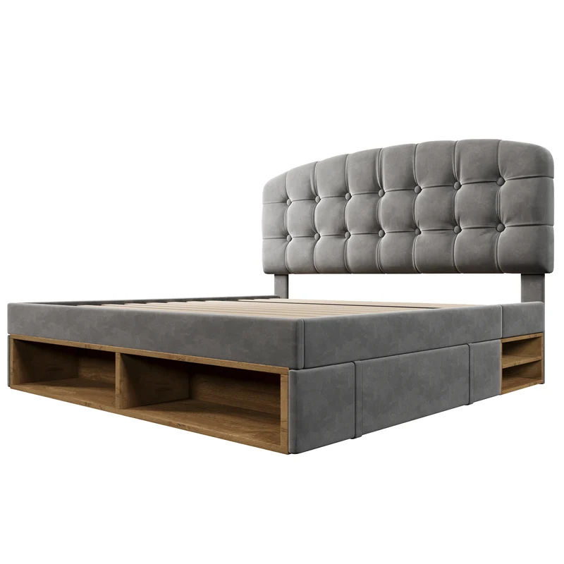 Lit double capitonné en velours gris avec 2 tiroirs de rangement, tête de lit réglable 140x200cm CLASSICBEDSET