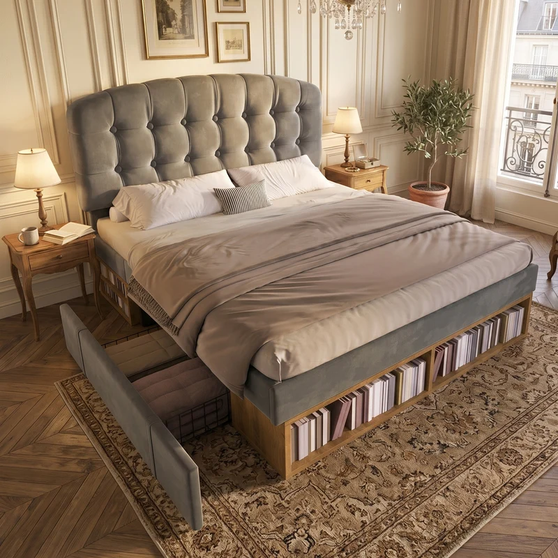 Lit double capitonné en velours gris avec 2 tiroirs de rangement, tête de lit réglable 140x200cm CLASSICBEDSET