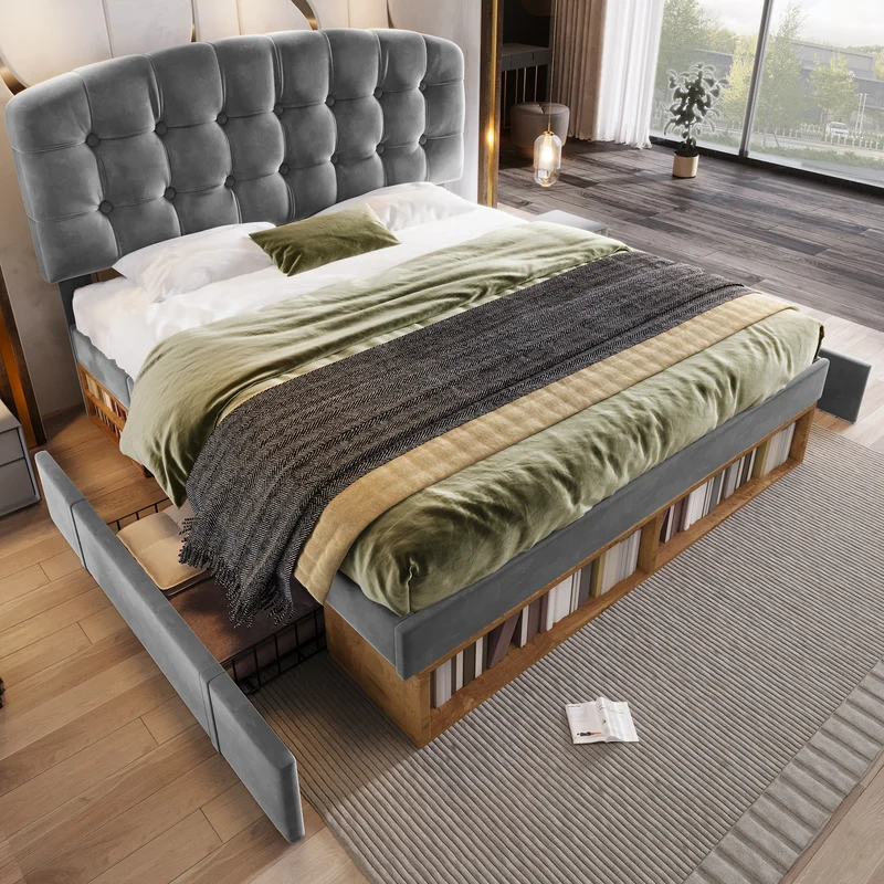 Lit double capitonné en velours gris avec 2 tiroirs de rangement, tête de lit réglable 140x200cm CLASSICBEDSET
