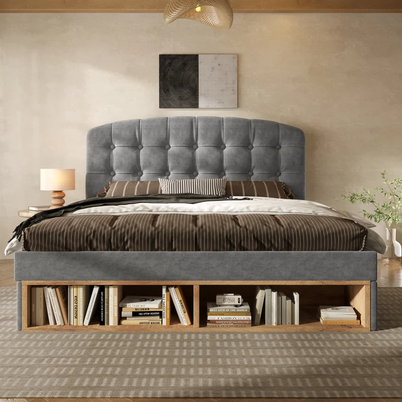 Lit double capitonné en velours gris avec 2 tiroirs de rangement, tête de lit réglable 140x200cm CLASSICBEDSET