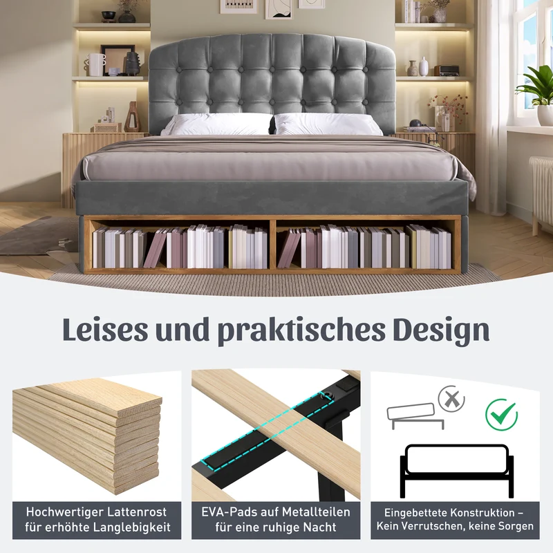 Lit double capitonné en velours gris avec 2 tiroirs de rangement, tête de lit réglable 140x200cm CLASSICBEDSET