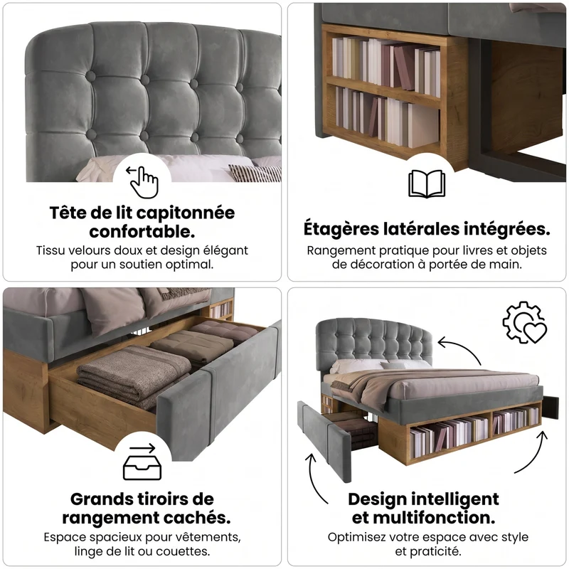 Lit double capitonné en velours gris avec 2 tiroirs de rangement, tête de lit réglable 140x200cm CLASSICBEDSET