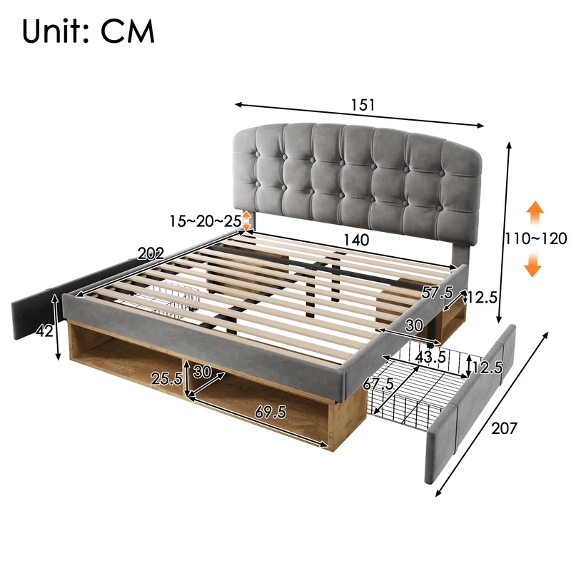 Lit double capitonné en velours gris avec 2 tiroirs de rangement, tête de lit réglable 140x200cm CLASSICBEDSET