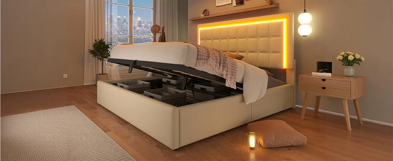 Lit double 140x200cm avec rangement, LED, simili cuir blanc, sommier inclus, design moderne