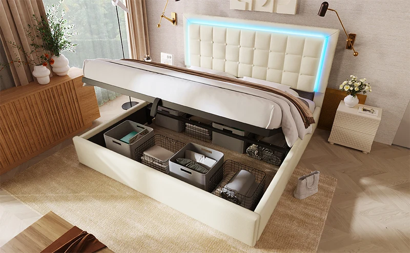 Lit double 140x200cm avec rangement, LED, simili cuir blanc, sommier inclus, design moderne