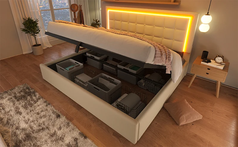 Lit double 140x200cm avec rangement, LED, simili cuir blanc, sommier inclus, design moderne
