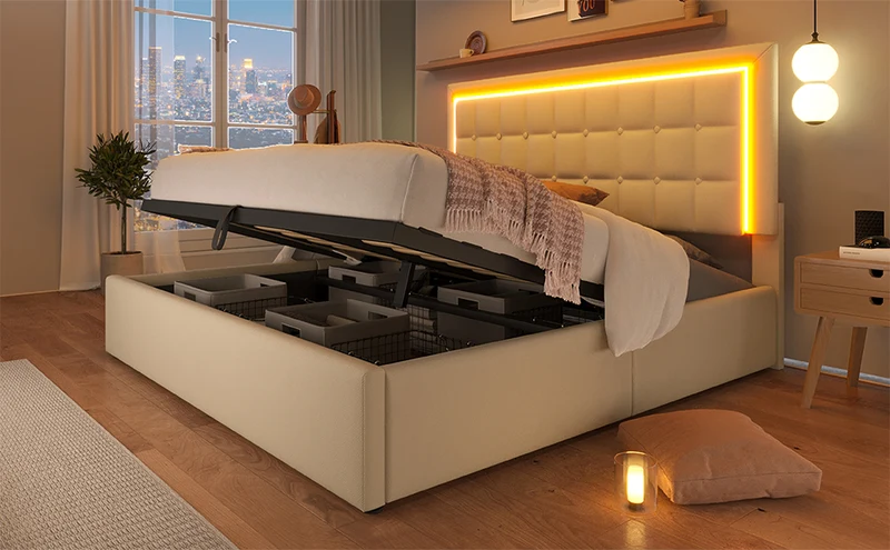 Lit double 140x200cm avec rangement, LED, simili cuir blanc, sommier inclus, design moderne