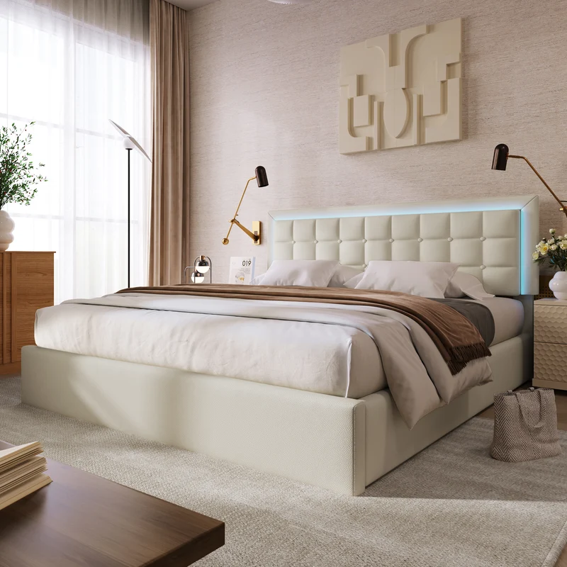 Lit double 140x200cm avec rangement, LED, simili cuir blanc, sommier inclus, design moderne
