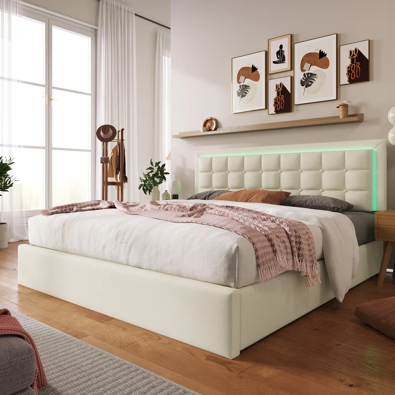 Lit double 140x200cm avec rangement, LED, simili cuir blanc, sommier inclus, design moderne