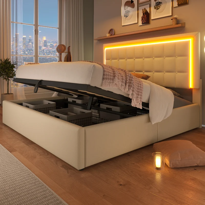 Lit double 140x200cm avec rangement, LED, simili cuir blanc, sommier inclus, design moderne