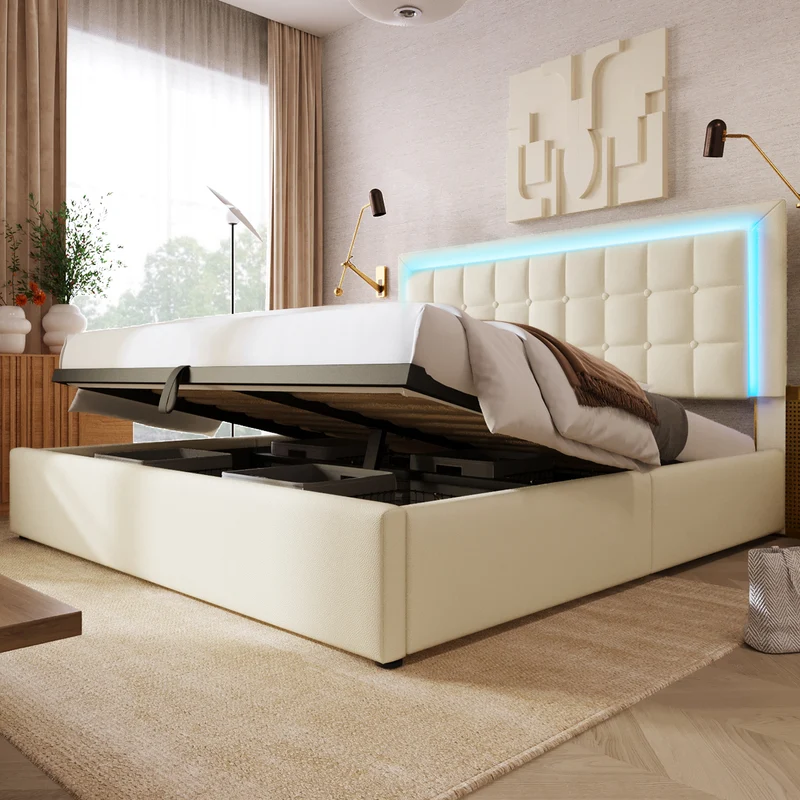 Lit double 140x200cm avec rangement, LED, simili cuir blanc, sommier inclus, design moderne