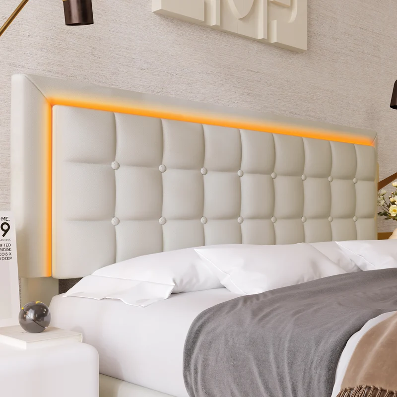 Lit double 140x200cm avec rangement, LED, simili cuir blanc, sommier inclus, design moderne