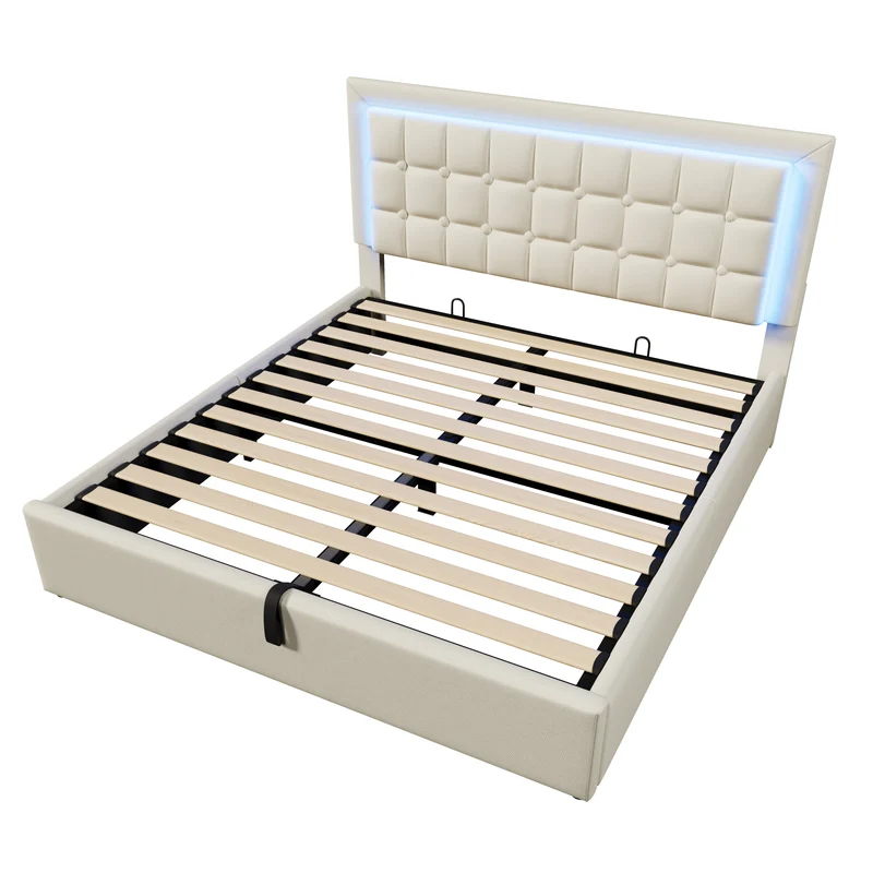 Lit double 140x200cm avec rangement, LED, simili cuir blanc, sommier inclus, design moderne