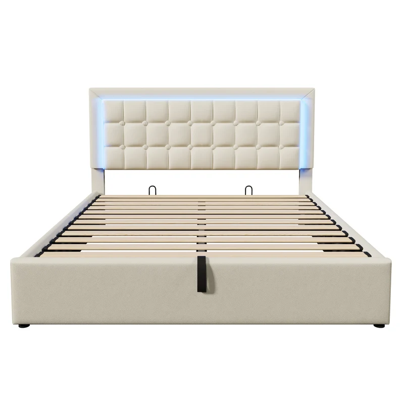 Lit double 140x200cm avec rangement, LED, simili cuir blanc, sommier inclus, design moderne