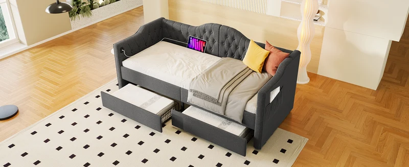 Lit banquette 90x200cm gris lin avec rangement, ports USB Type C, style moderne
