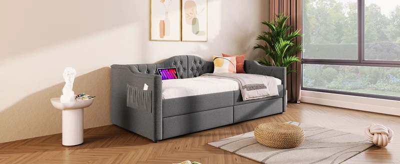 Lit banquette 90x200cm gris lin avec rangement, ports USB Type C, style moderne