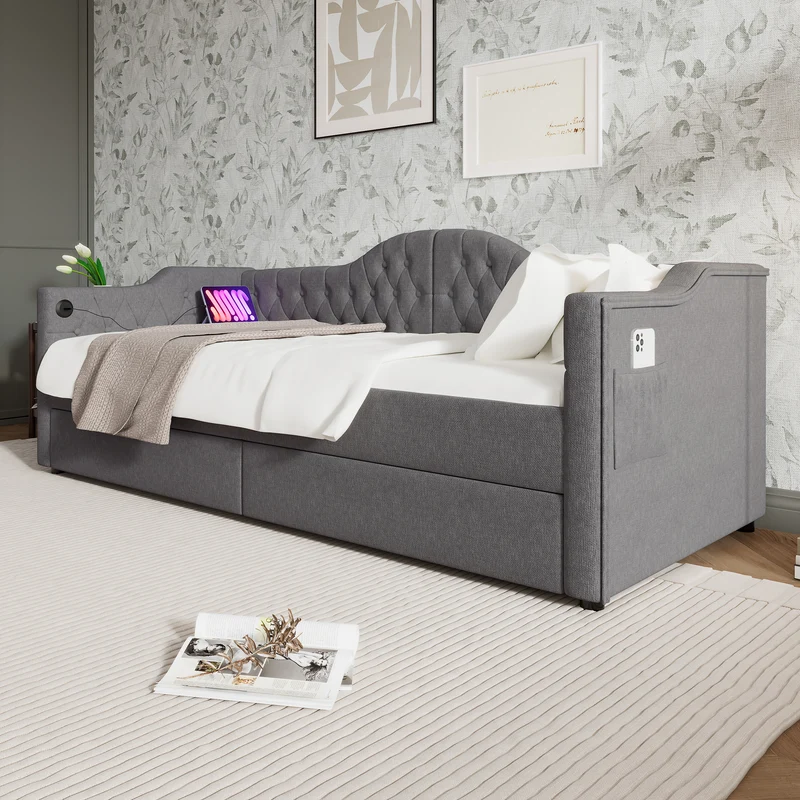 Lit banquette 90x200cm gris lin avec rangement, ports USB Type C, style moderne