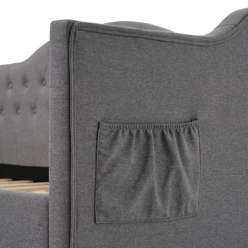 Lit banquette 90x200cm gris lin avec rangement, ports USB Type C, style moderne