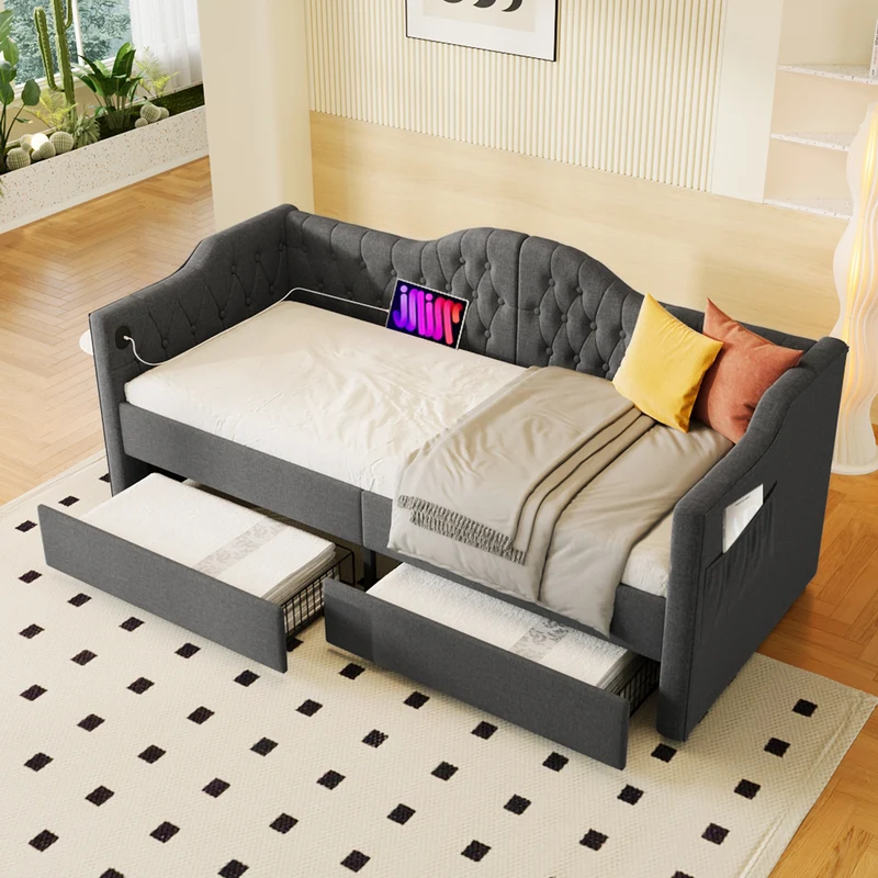 Lit banquette 90x200cm gris lin avec rangement, ports USB Type C, style moderne