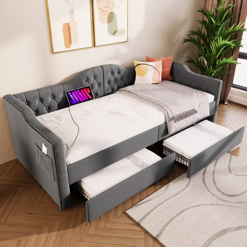 Lit banquette 90x200cm gris lin avec rangement, ports USB Type C, style moderne