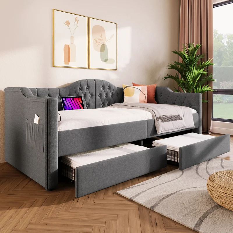 Lit banquette 90x200cm gris lin avec rangement, ports USB Type C, style moderne