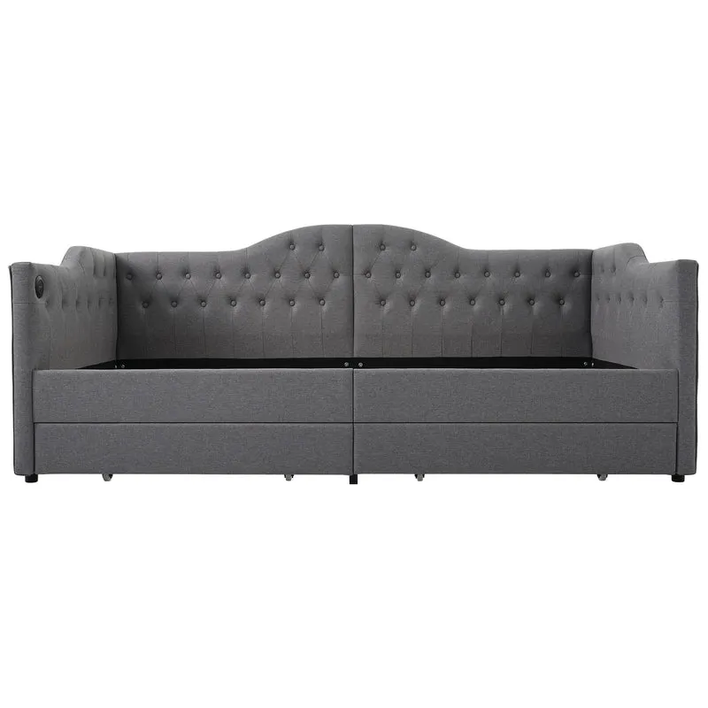 Lit banquette 90x200cm gris lin avec rangement, ports USB Type C, style moderne