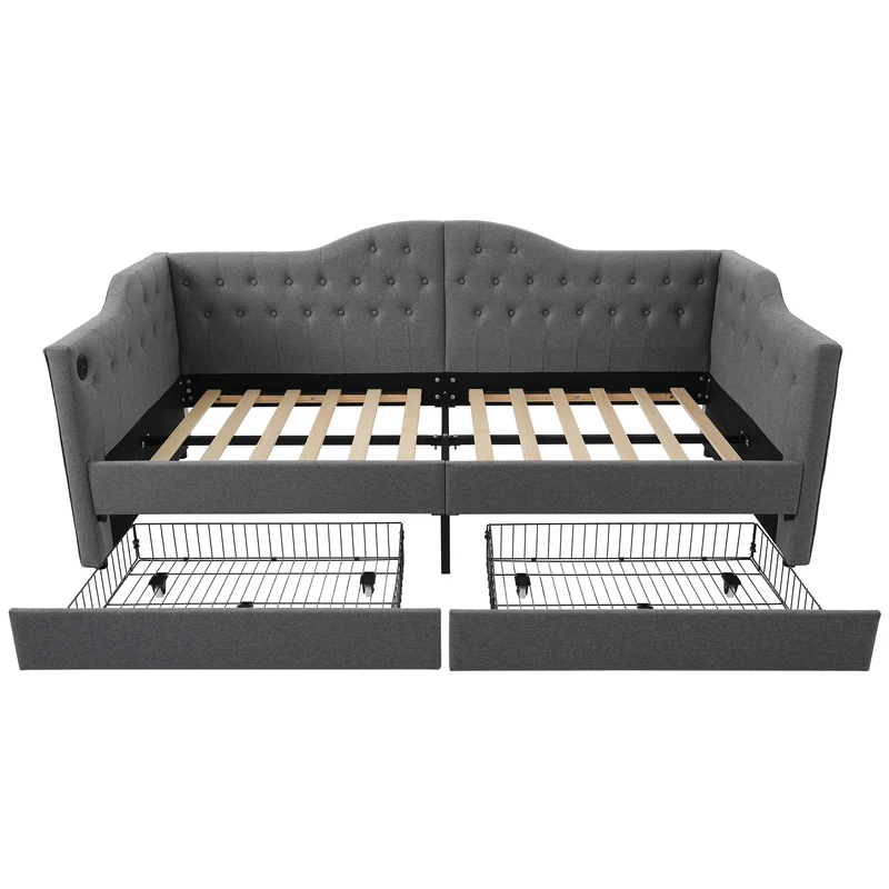 Lit banquette 90x200cm gris lin avec rangement, ports USB Type C, style moderne