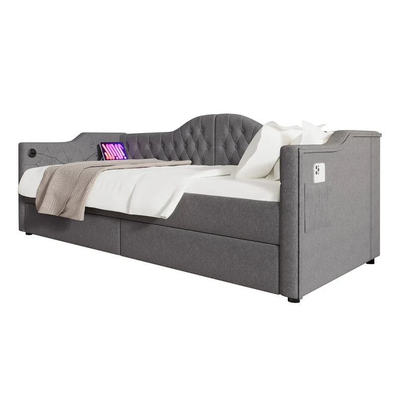 Lit banquette 90x200cm gris lin avec rangement, ports USB Type C, style moderne
