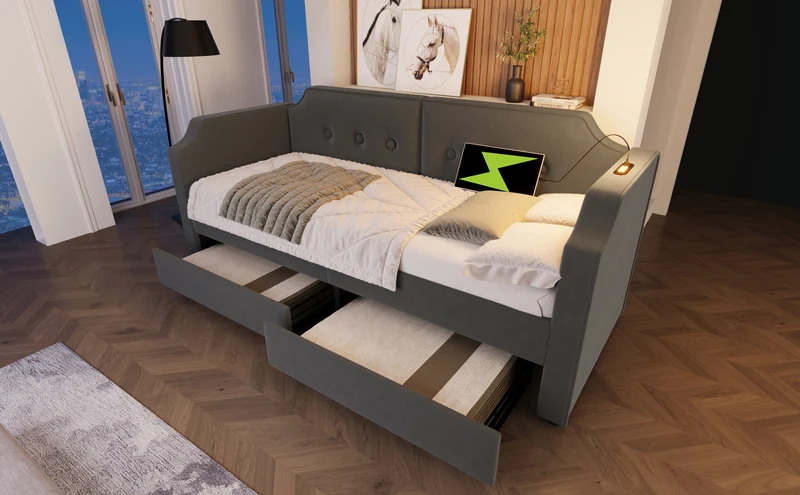 Lit banquette 90x200 cm velours gris avec USB Type-C, liseuse et 2 tiroirs – Cadre robuste, lit d’appoint ou enfant, sans matelas