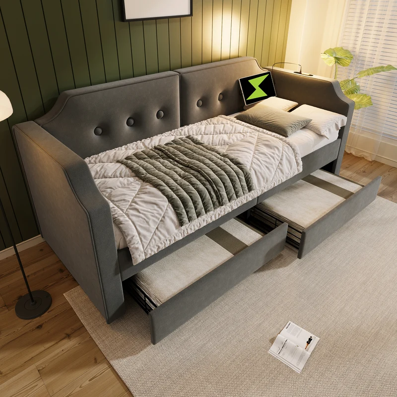 Lit banquette 90x200 cm velours gris avec USB Type-C, liseuse et 2 tiroirs – Cadre robuste, lit d’appoint ou enfant, sans matelas