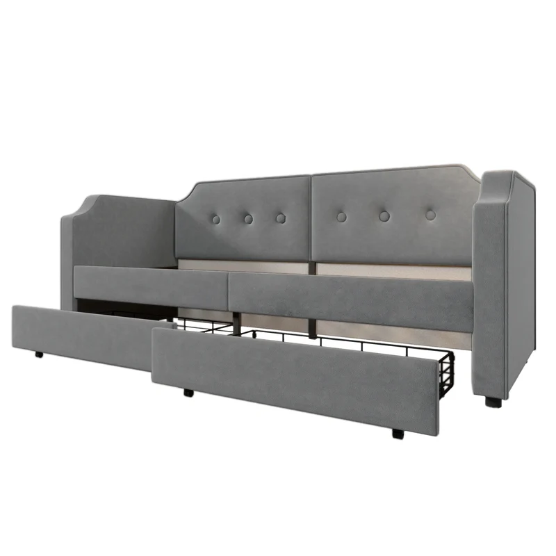 Lit banquette 90x200 cm velours gris avec USB Type-C, liseuse et 2 tiroirs – Cadre robuste, lit d’appoint ou enfant, sans matelas