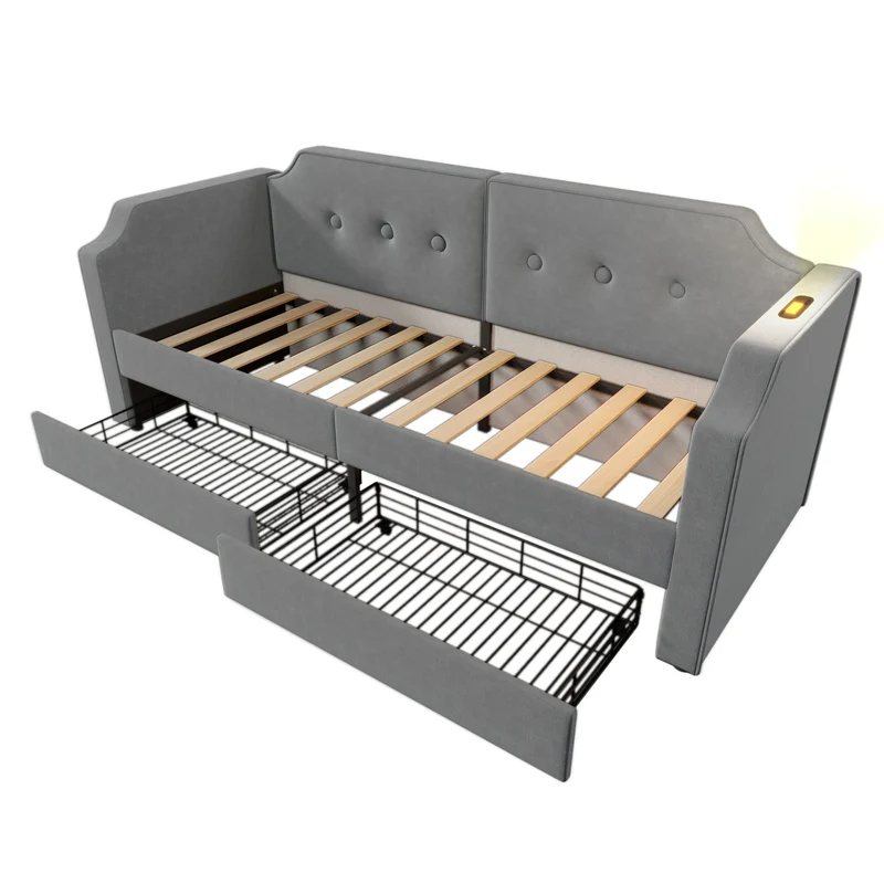 Lit banquette 90x200 cm velours gris avec USB Type-C, liseuse et 2 tiroirs – Cadre robuste, lit d’appoint ou enfant, sans matelas