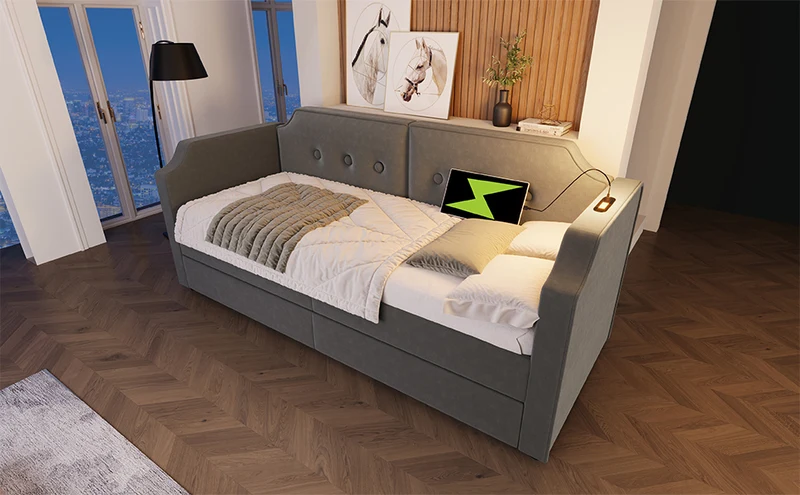 Lit banquette 90x200 cm velours gris avec USB Type-C, liseuse et 2 tiroirs – Cadre robuste, lit d’appoint ou enfant, sans matelas