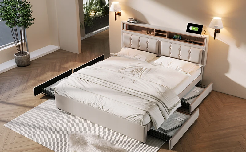 Lit double 140x200cm avec 4 tiroirs, tête de lit réglable, ports USB-C, tissu beige, sommier bois